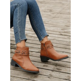 Vintage Plain Wearable Zipper Block Heel Classic Boots Buckle