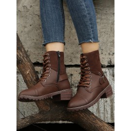Retro Stitching Lace-up Zipper Boots