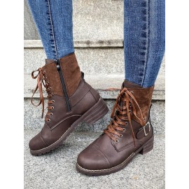 Retro Stitching Lace-up Zipper Boots