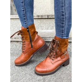 Retro Stitching Lace-up Zipper Boots