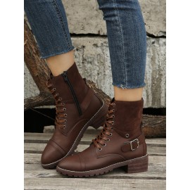 Retro Stitching Lace-up Zipper Boots