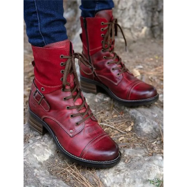 Retro Stitching Lace-up Zipper Boots
