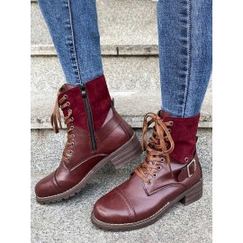Retro Stitching Lace-up Zipper Boots