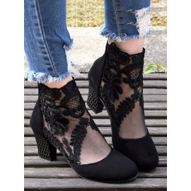 Lace Split Joint Chunky Heel Sandals Boots with Back Zip
