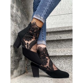 Lace Split Joint Chunky Heel Sandals Boots with Back Zip