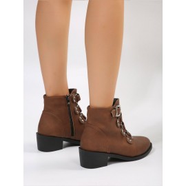 Vintage Plain Non-Slip Zipper Block Heel Classic Boots Buckle