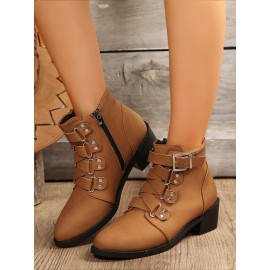 Vintage Plain Non-Slip Zipper Block Heel Classic Boots Buckle