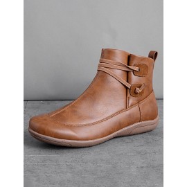 Women Casual Soft Braided Strap Lether PU Flat Heel Snow Boots