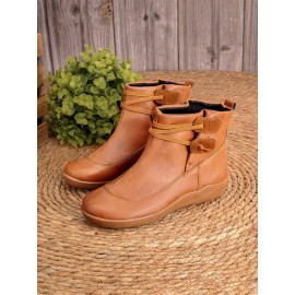 Women Casual Soft Braided Strap Lether PU Flat Heel Snow Boots