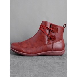 Women Casual Soft Braided Strap Lether PU Flat Heel Snow Boots