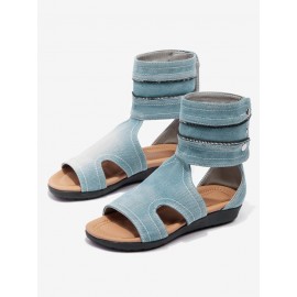 Blue Hollow out Button Denim Sandals Boots
