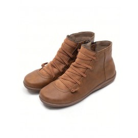 Women Lether Fall Flat Heel PU Boots