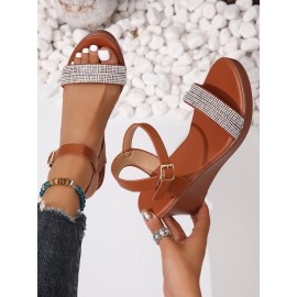 Vintage Rhinestone Ankle Strap Wedge Sandals