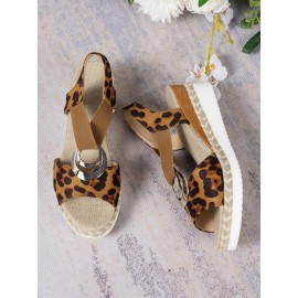 Vacation Leopard Breathable Slip On Block Heel Espadrille Sandals Metal