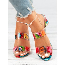 Colorful PVC Double Straps Rhinestone Chunky Heeled Sandals