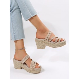 Multi Braided Straps Platform Chunky Heel Espadrille Sandals