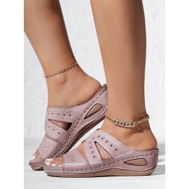 Floral Embroidered Cutout Boho Casual Wedge Slides