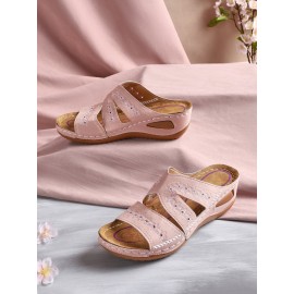 Floral Embroidered Cutout Boho Casual Wedge Slides