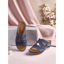 Floral Embroidered Cutout Boho Casual Wedge Slides
