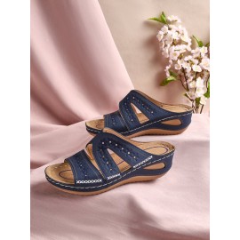 Floral Embroidered Cutout Boho Casual Wedge Slides