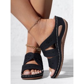 Floral Embroidered Cutout Boho Casual Wedge Slides