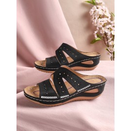 Floral Embroidered Cutout Boho Casual Wedge Slides