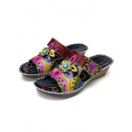 Retro Color Contrast Ethnic Style Flower Hollow Wedge Sandals
