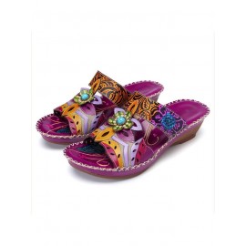 Retro Color Contrast Ethnic Style Flower Hollow Wedge Sandals