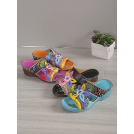 Retro Color Contrast Ethnic Style Flower Hollow Wedge Sandals