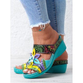 Retro Color Contrast Ethnic Style Flower Hollow Wedge Sandals
