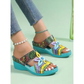 Retro Color Contrast Ethnic Style Flower Hollow Wedge Sandals