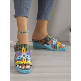 Retro Color Contrast Ethnic Style Flower Hollow Wedge Sandals