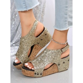Glitter Glitter Platform Wedge Peep Toe Sandals