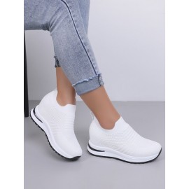 Casual Plain Breathable Slip On Block Heel Fly Woven Shoes