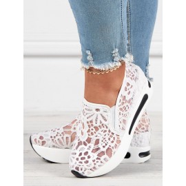 Floral Embroidered Mesh Paneled Slip-On Wedge Sneakers
