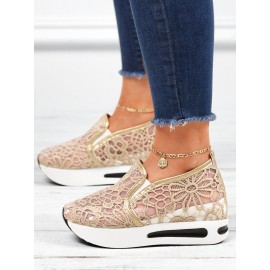 Floral Embroidered Mesh Paneled Slip-On Wedge Sneakers