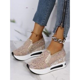 Floral Embroidered Mesh Paneled Slip-On Wedge Sneakers