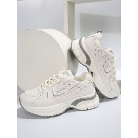 Sports Plain Breathable Lace-Up Block Heel Chunky Trainers Split Joint