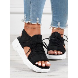 Breathable Hollow Out Lace Up Front Slip On Sports Sandals