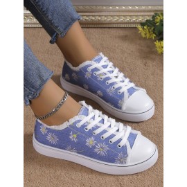 Daisy Graphic-Print Denim Lace-Up Canvas Flats