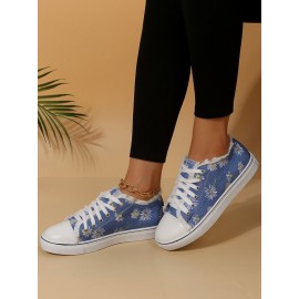 Daisy Graphic-Print Denim Lace-Up Canvas Flats