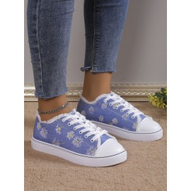 Daisy Graphic-Print Denim Lace-Up Canvas Flats