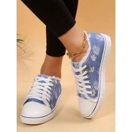 Daisy Graphic-Print Denim Lace-Up Canvas Flats