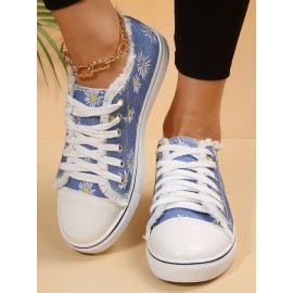 Daisy Graphic-Print Denim Lace-Up Canvas Flats