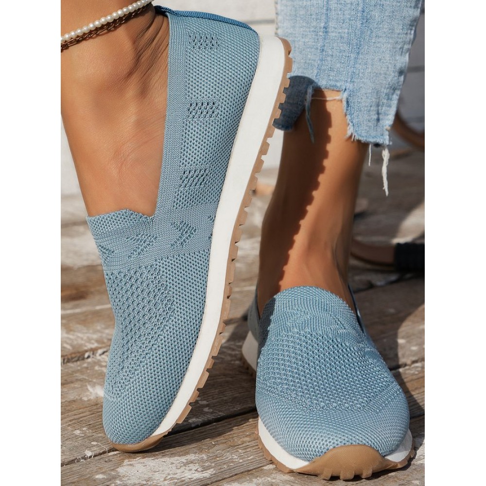 Sports Plain Breathable Slip On Flat Heel Fly Woven Shoes