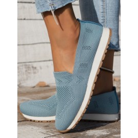 Sports Plain Breathable Slip On Flat Heel Fly Woven Shoes