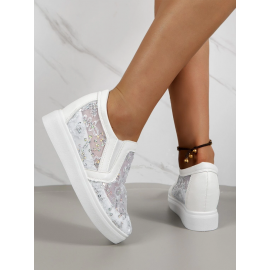 Sequins Floral Embroidered Lace Paneled Slip-On Wedge Shoes