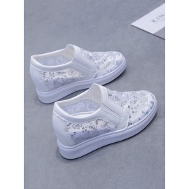 Sequins Floral Embroidered Lace Paneled Slip-On Wedge Shoes