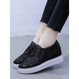Sequins Floral Embroidered Lace Paneled Slip-On Wedge Shoes