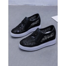 Sequins Floral Embroidered Lace Paneled Slip-On Wedge Shoes